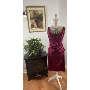 Suzi Chin Dress Women Ruched Plum Satin Round Neck Back Zip Sleeveless Party